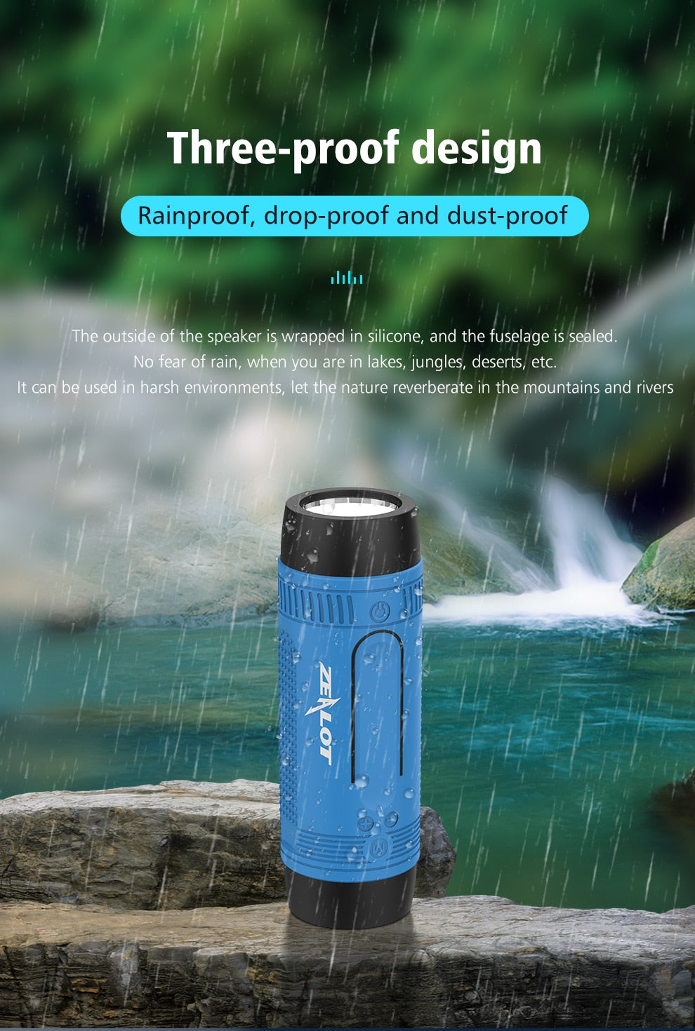 Zealot S1 Waterproof, Wireless Bluetooth Speaker With Bike Mount and Flashlight.