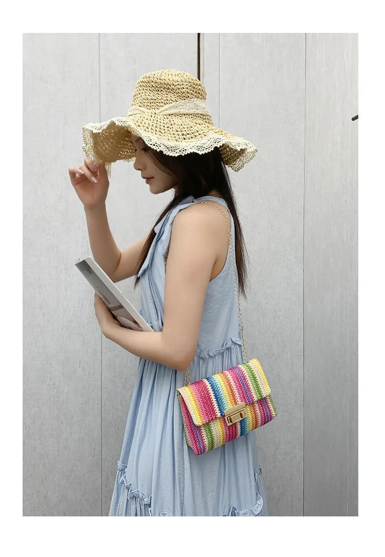 Women's Straw Rainbow Stripe Shoulder Crossbody Handbag With Chain Strap