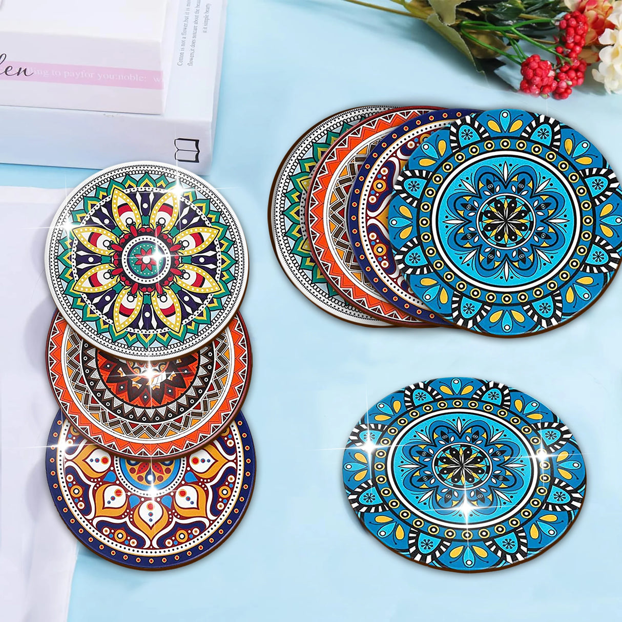 8 Pieces/Set Mandala Patterned Wooden Anti-Slip Coasters