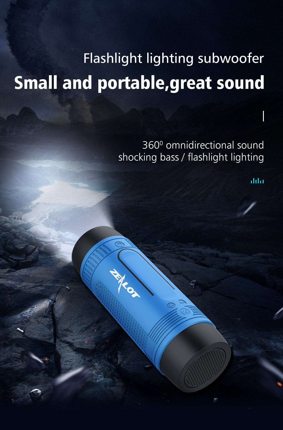 Zealot S1 Waterproof, Wireless Bluetooth Speaker With Bike Mount and Flashlight.