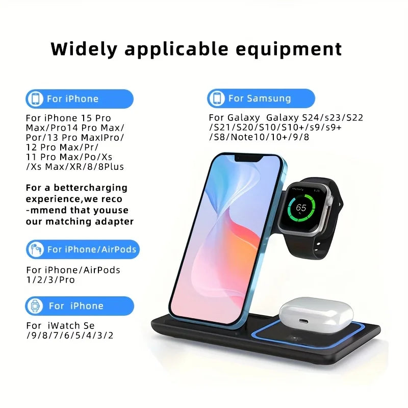 3 in 1 100W  Foldable Wireless Night Light Fast Charging Station For iPhone 16 15 14 13 12 And Apple Watch Airpods