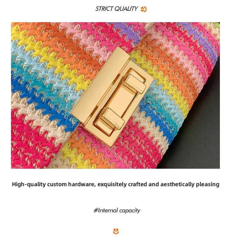 Women's Straw Rainbow Stripe Shoulder Crossbody Handbag With Chain Strap