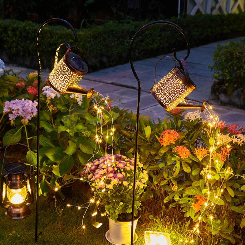 Solar Metal Waterproof Watering Can Garden Decor