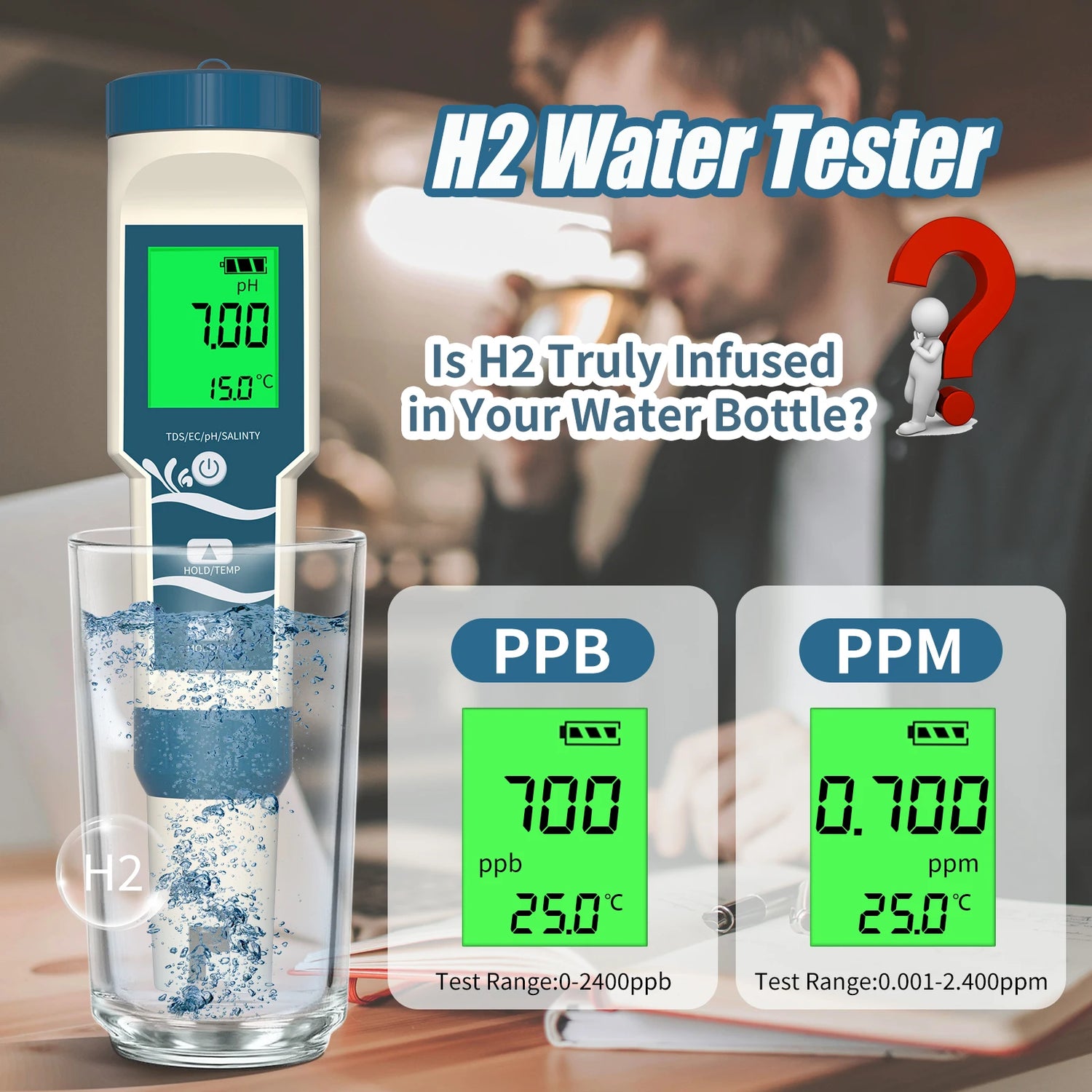 Yieryi Digital Hydrogen Water Tester PH/ORP/Temp/H2 Water ppb ppm Meter with ATC 0.01 Resolution