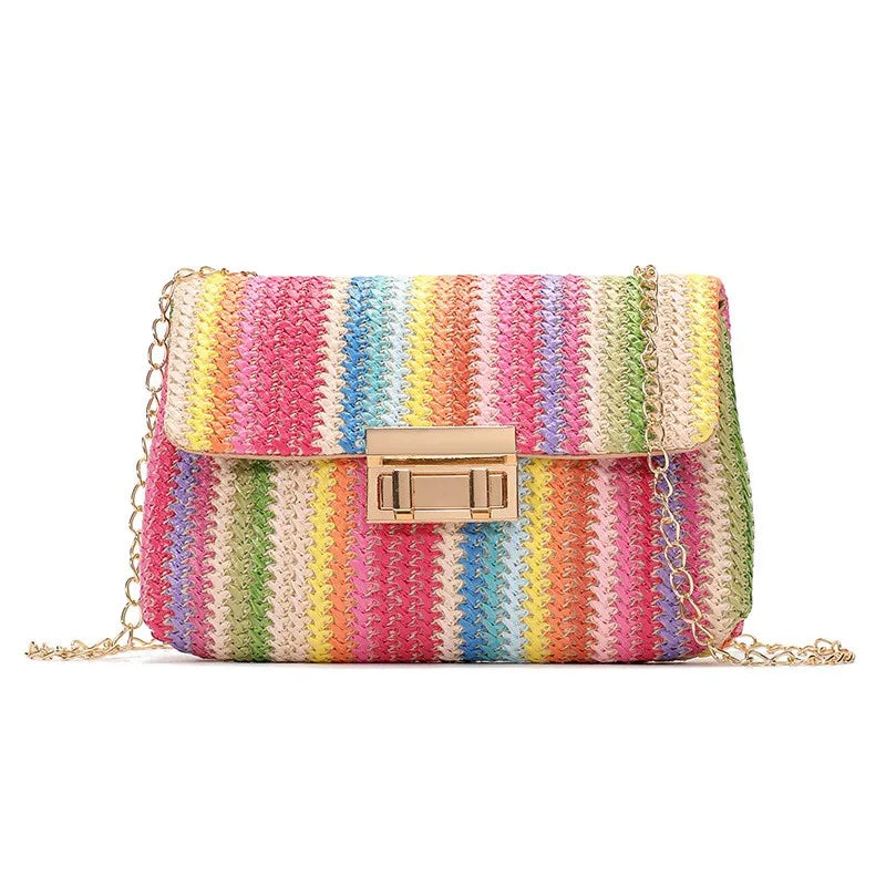 Women's Straw Rainbow Stripe Shoulder Crossbody Handbag With Chain Strap