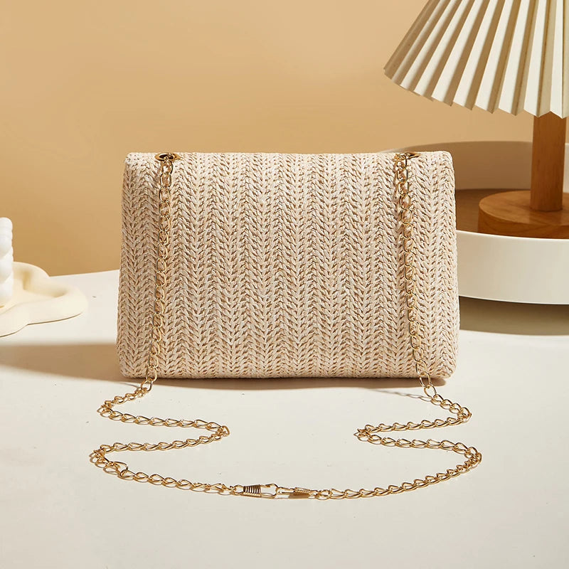 Women's Woven Straw Shoulder Bag With Chain Strap and Buckle Clutch Closure