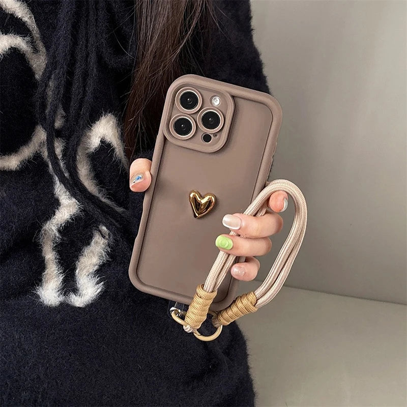 3D Golden Love Heart Soft Case With Strap For iPhone 16 17 Pro Max 15 14 13 12 11 Pro 16E 7 8 Plus