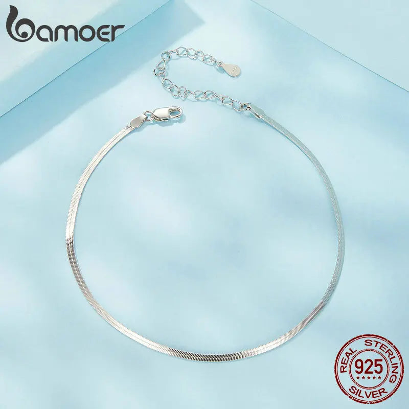 BAMOER 925 Sterling Silver Snake Adjustable Chain Anklet Bracelet
