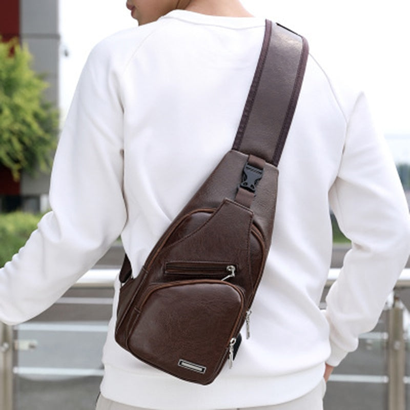 CARANFIER Chest Pack USB Charging PU Leather Shoulder Bag
