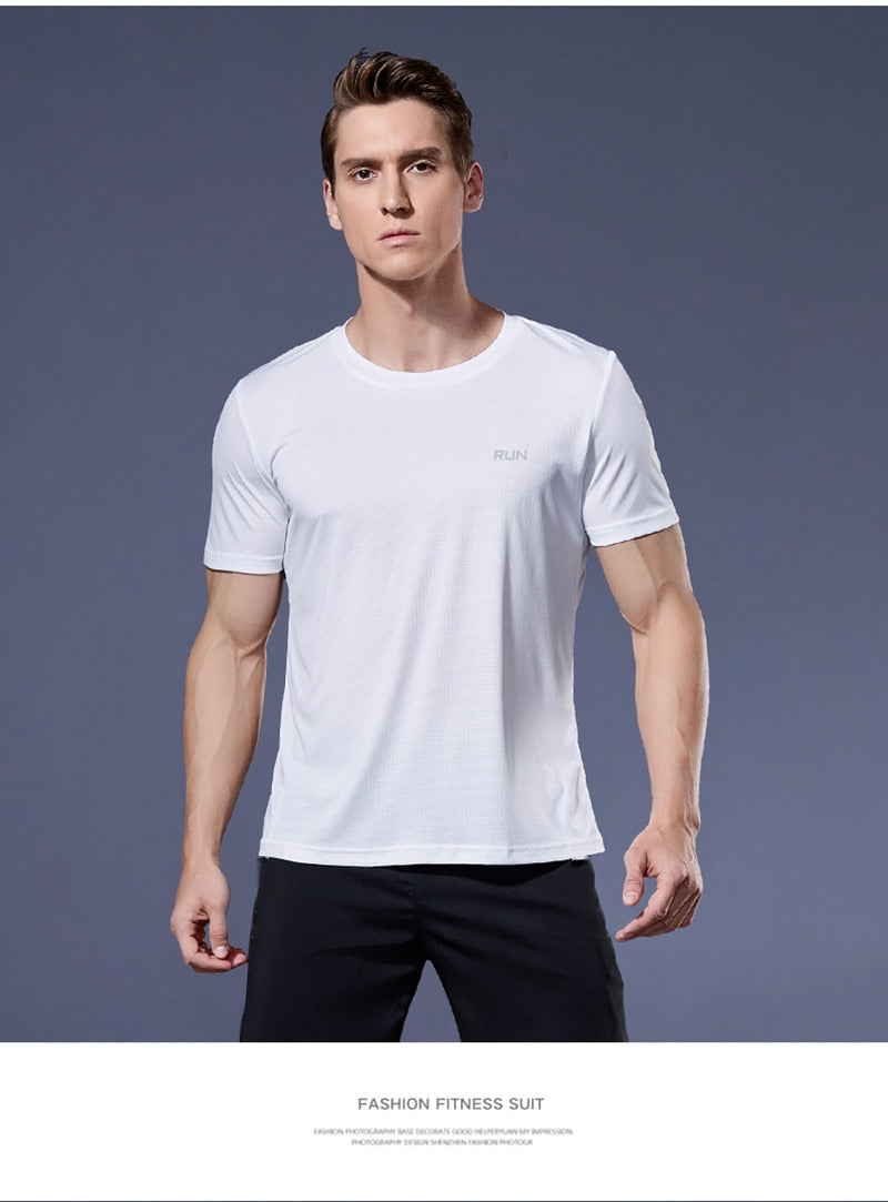 Men's multicolor short sleeve gym shirts. Quick drying, breathable sportswear