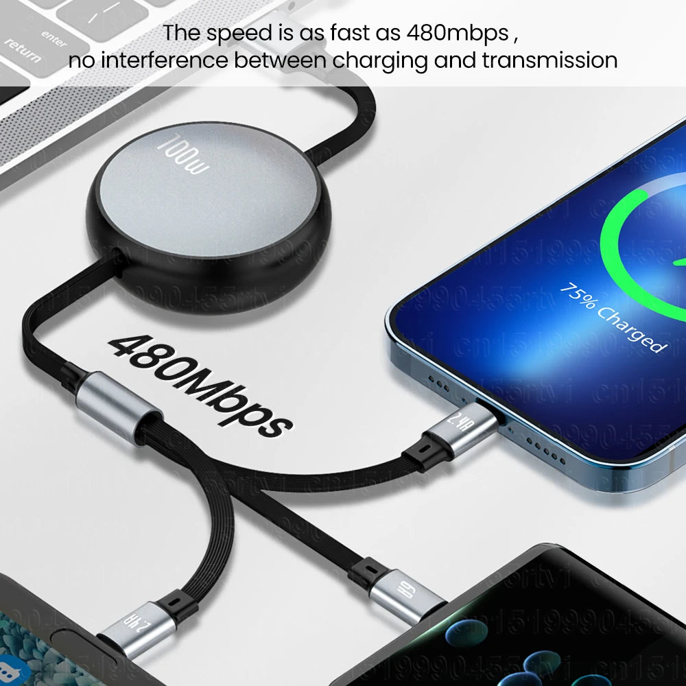 3in1 Retractable Fast Charge USB To 8 pin/Type C 6A 100W USB Cable for iPhone 14 13 12 Pro Max