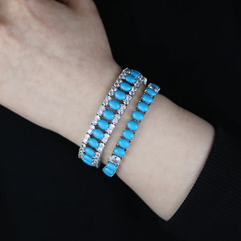 17-19CM Platinum Plated Turquoise Blue With White CZ Stone Tennis Bracelet