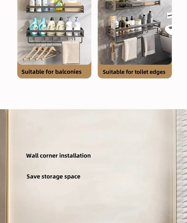 Aluminum Bathroom/Kitchen Shelf For Accessories With Towel Bar