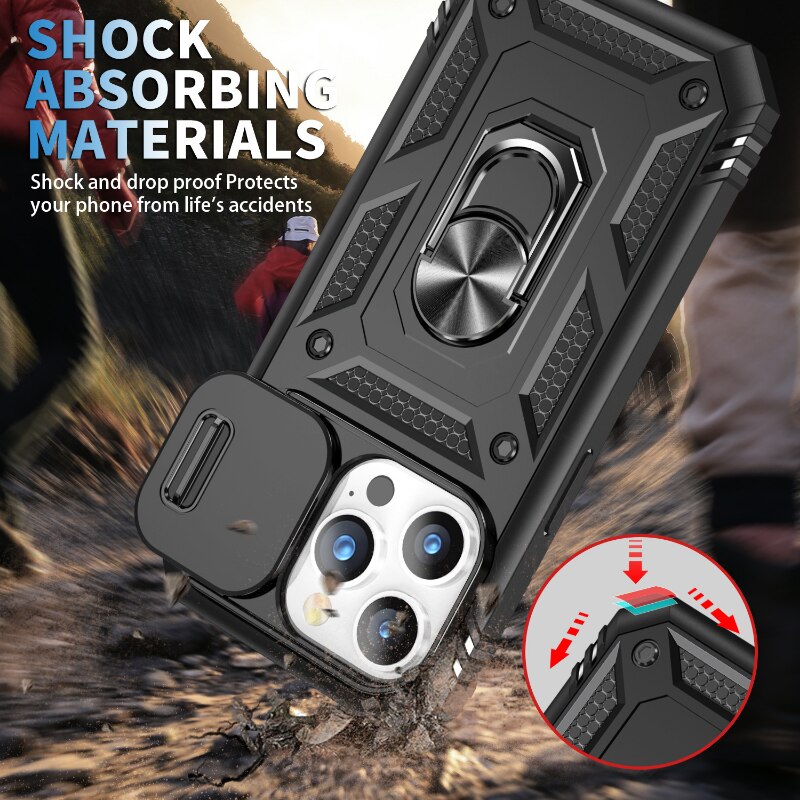 Design Case For iPhone 14 Pro Max 13 12 11 Pro XR X 360 Full Body Rugged Protective Slide Camera Stand Protection Ring Cover