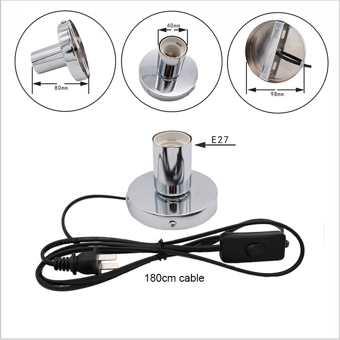 Anti-Slip Metal Desktop Lamp Base 180cm Cord E27 E26 With on/off Switch,