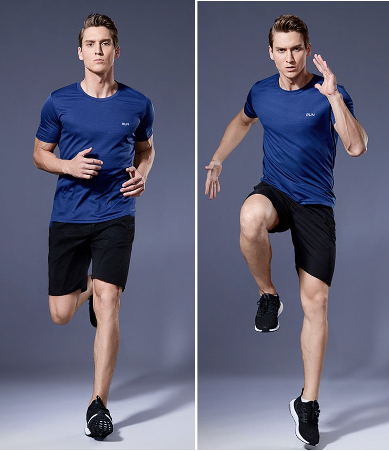 Men's multicolor short sleeve gym shirts. Quick drying, breathable sportswear