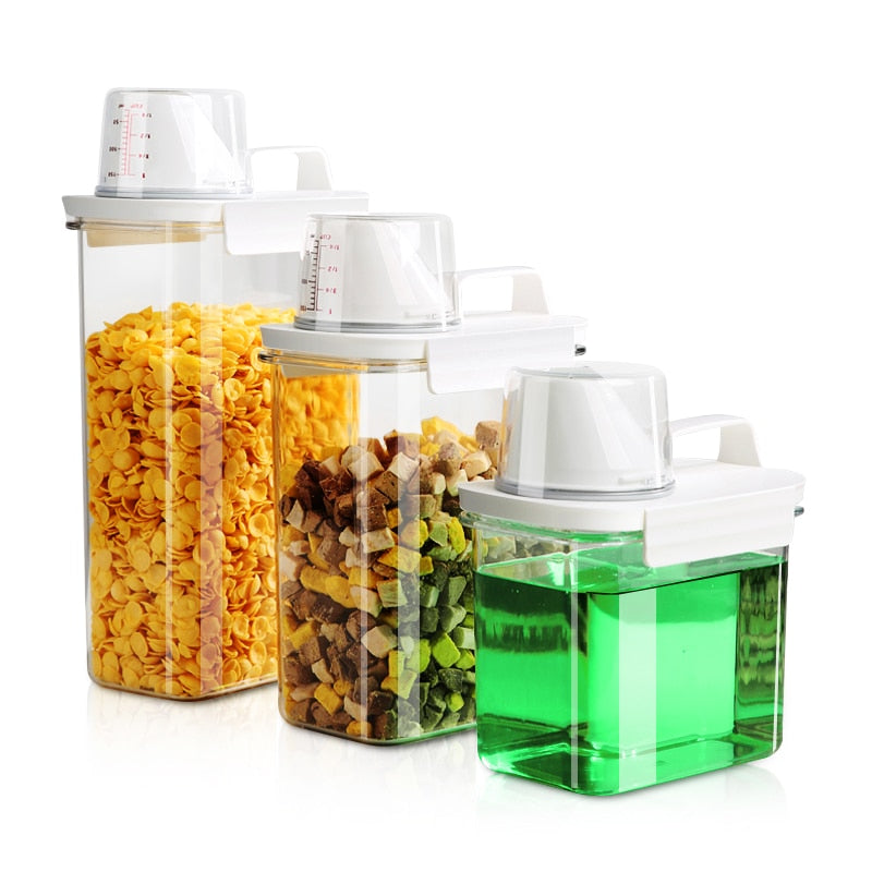 METKA Multipurpose Plastic Storage Container with Measuring Cup. Great for Laundry Powder, Cereal or Pet food.