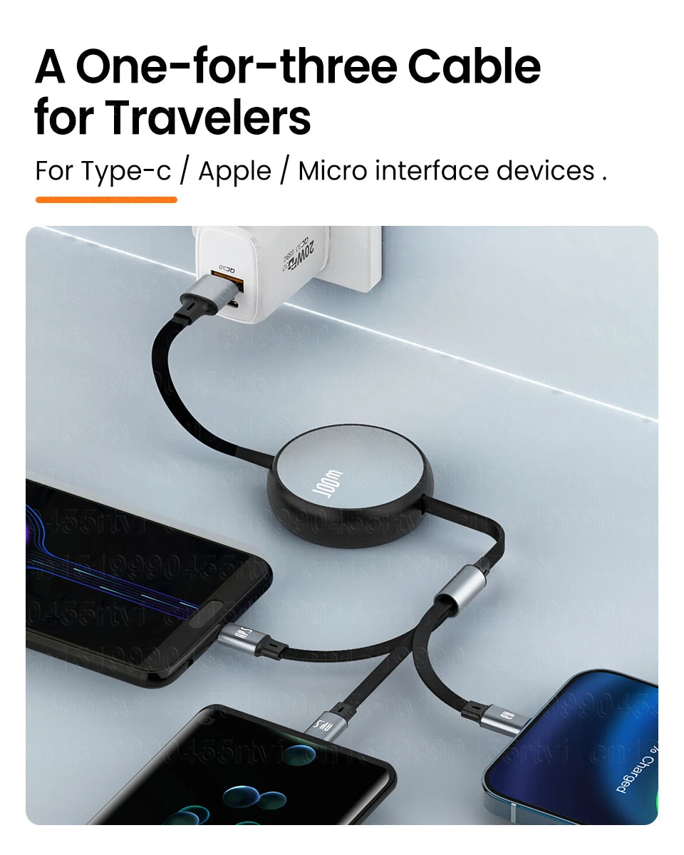 3in1 Retractable Fast Charge USB To 8 pin/Type C 6A 100W USB Cable for iPhone 14 13 12 Pro Max