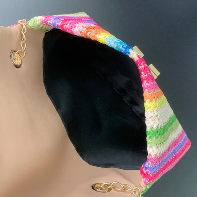 Women's Straw Rainbow Stripe Shoulder Crossbody Handbag With Chain Strap