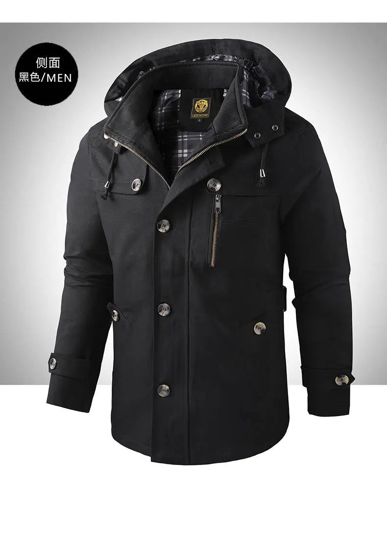 Men's Mid-length Hooded Multi-pocket Slim-fit Jacket