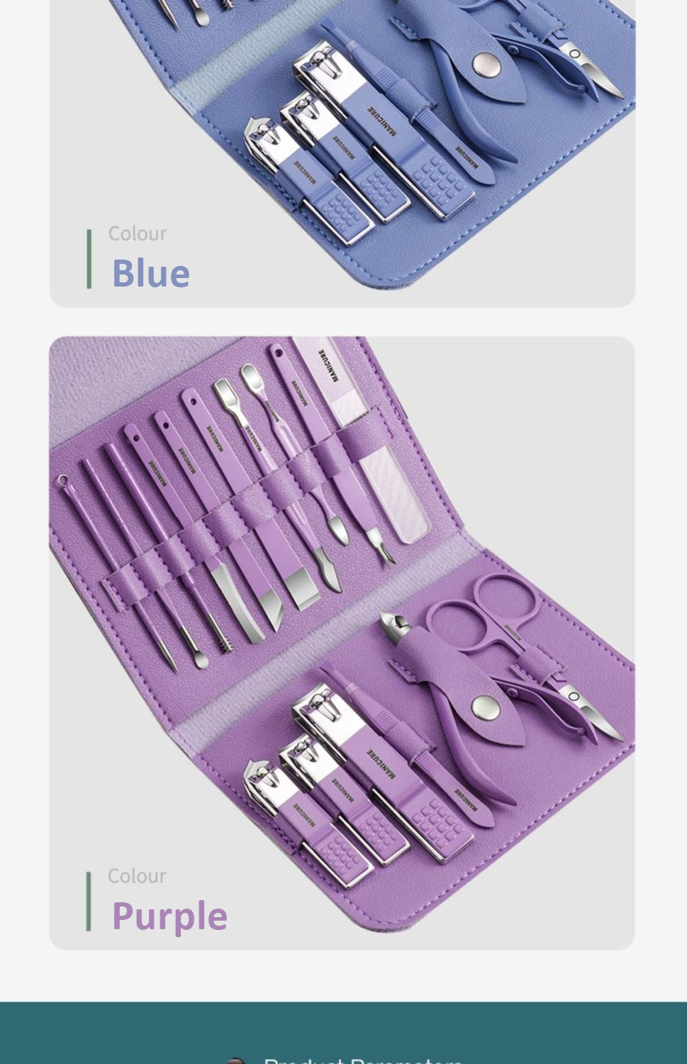 12 or 16 pcs Stainless Steel Manicure/Pedicure Set with Leather case.