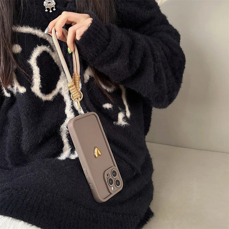 3D Golden Love Heart Soft Case With Strap For iPhone 16 17 Pro Max 15 14 13 12 11 Pro 16E 7 8 Plus
