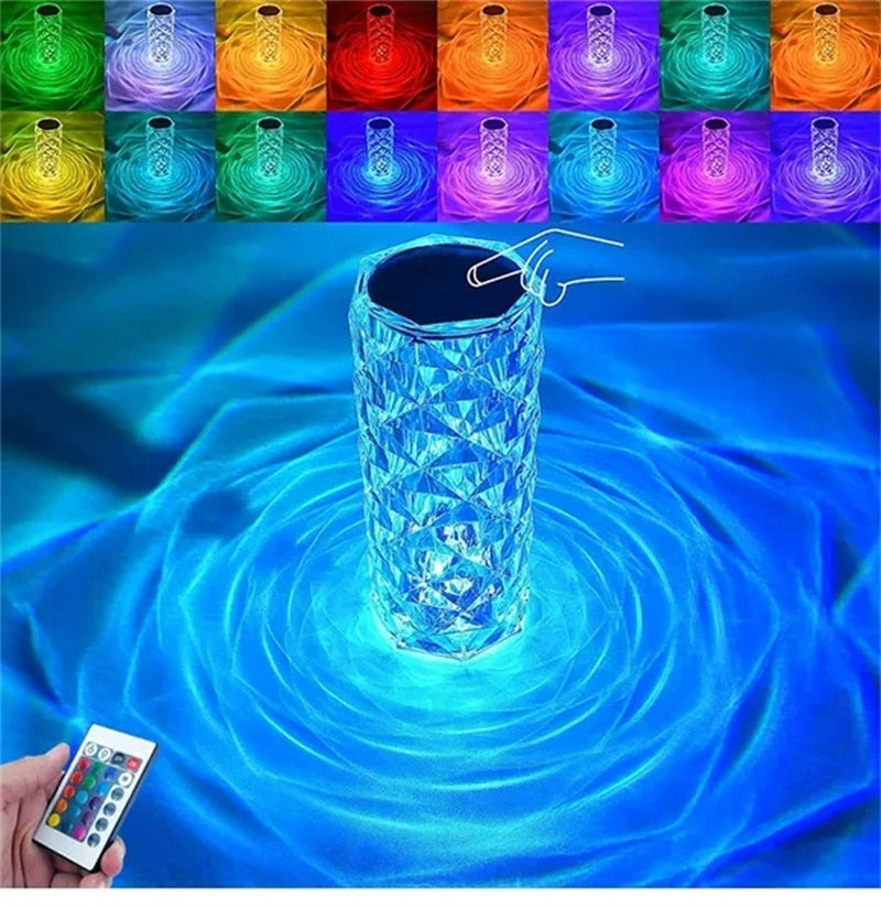 LED Crystal remote touch USB table lamp.  Romantic diamond color night light.
