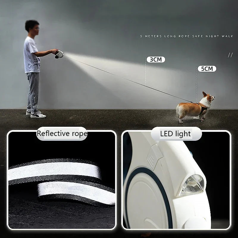 Automatic 5M Retractable Dog Leash For Small-Medium Pets With Bag Holder
