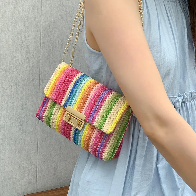 Women's Straw Rainbow Stripe Shoulder Crossbody Handbag With Chain Strap