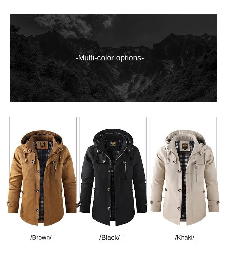 Men's Mid-length Hooded Multi-pocket Slim-fit Jacket