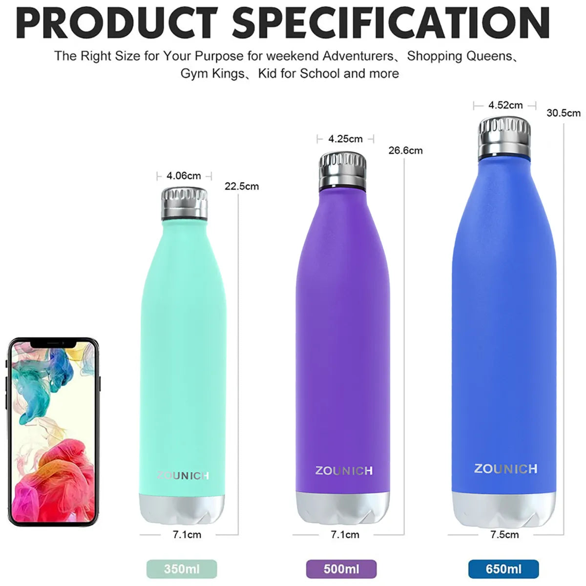 ZOUNICH Stainless Steel Double-Wall Insulated Vacuum Water Bottle.