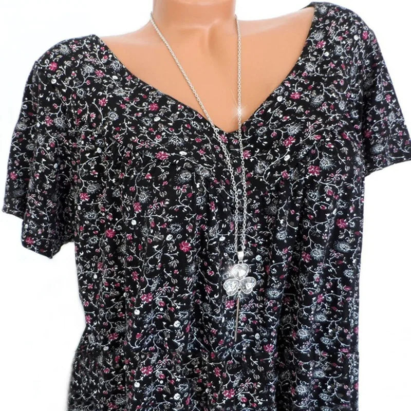 Women's V-Neck Printed Short Sleeve Tops
