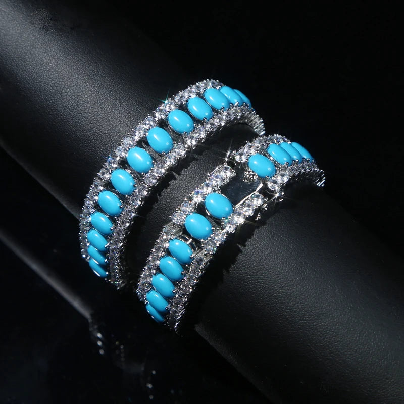 17-19CM Platinum Plated Turquoise Blue With White CZ Stone Tennis Bracelet