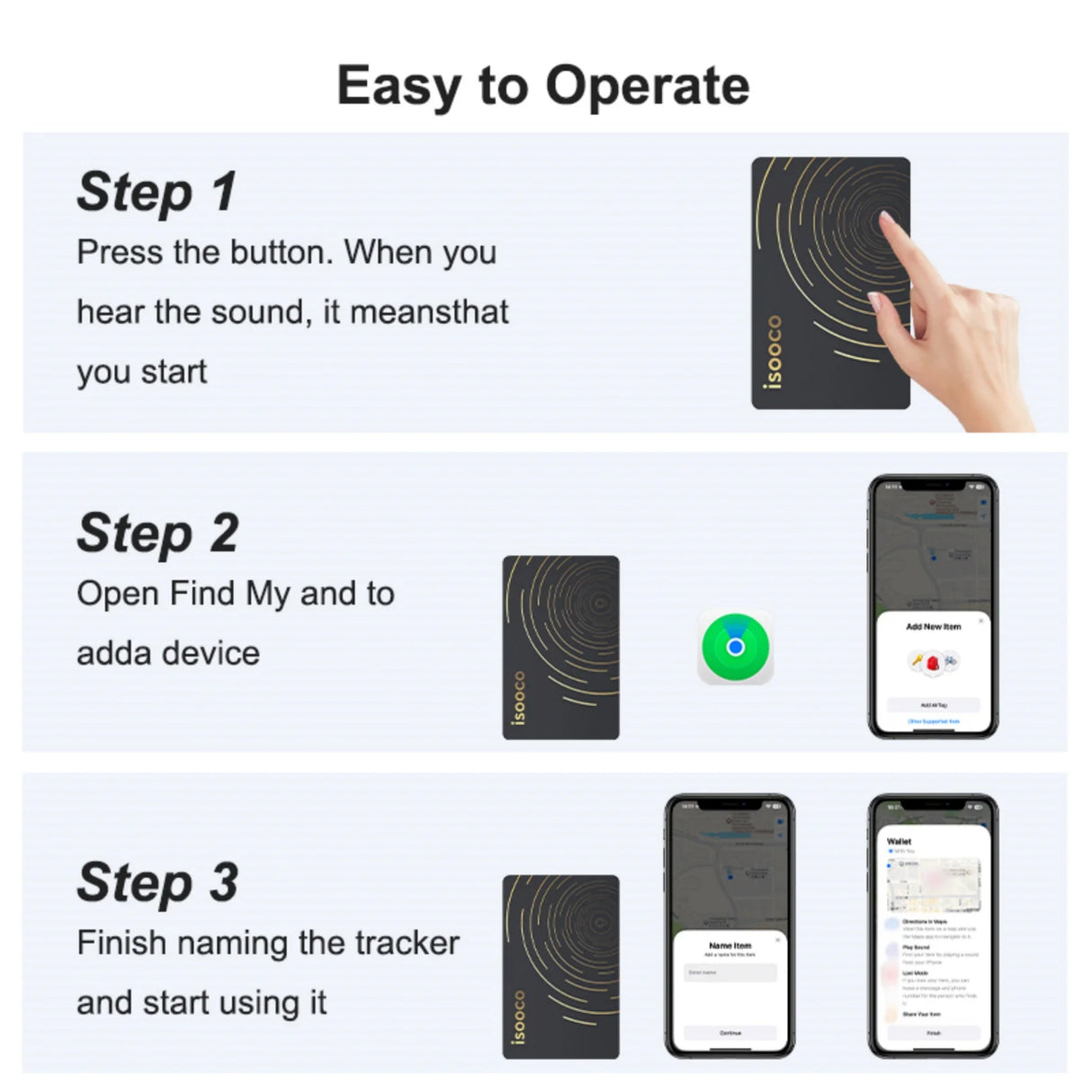 isooco Ultra-thin No Charging Wallet GPS Locator With Bluetooth Pairing Find My (IOS Only)