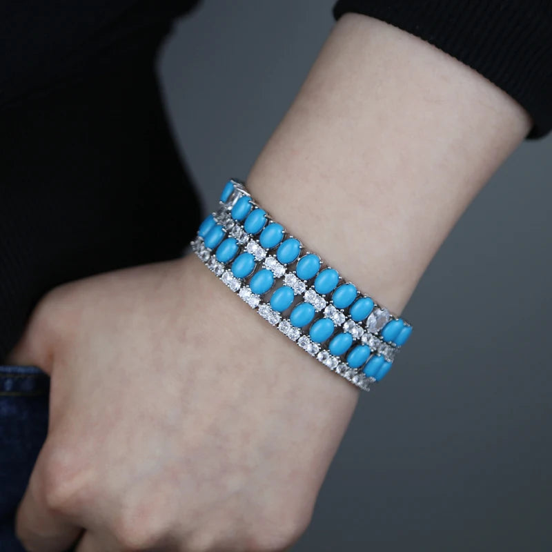 17-19CM Platinum Plated Turquoise Blue With White CZ Stone Tennis Bracelet