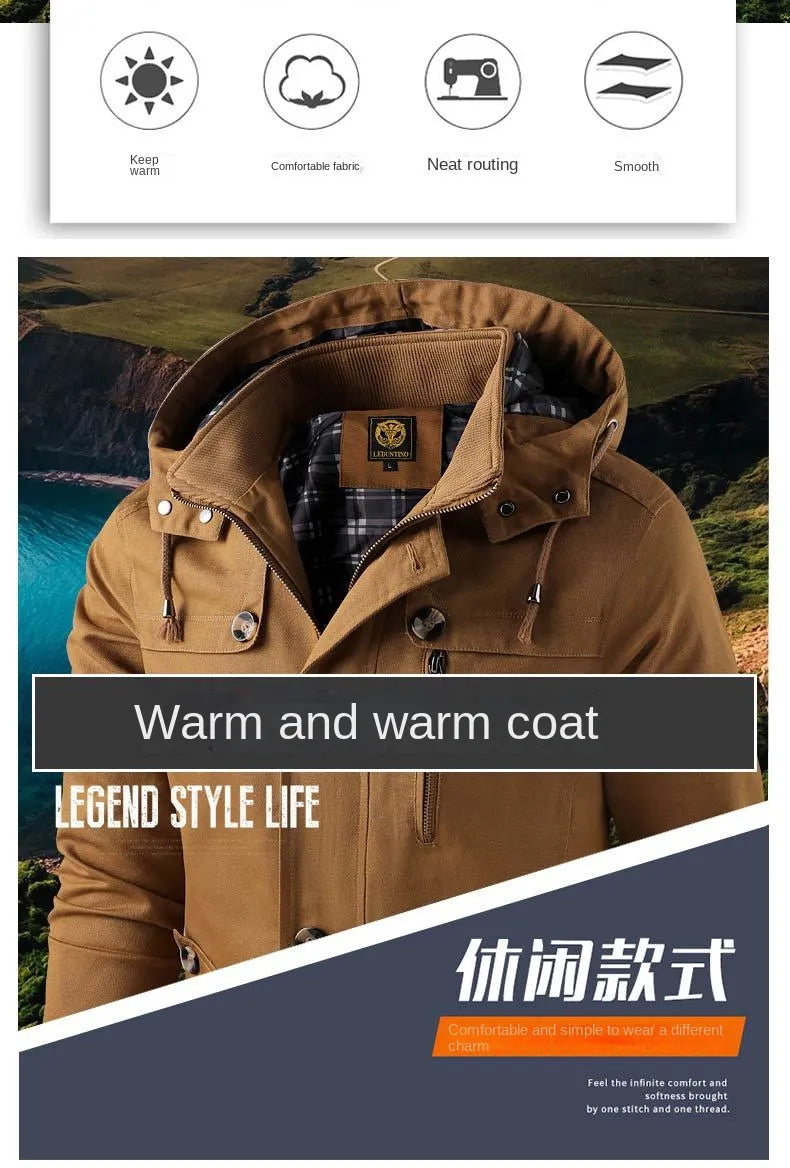 Men's Mid-length Hooded Multi-pocket Slim-fit Jacket