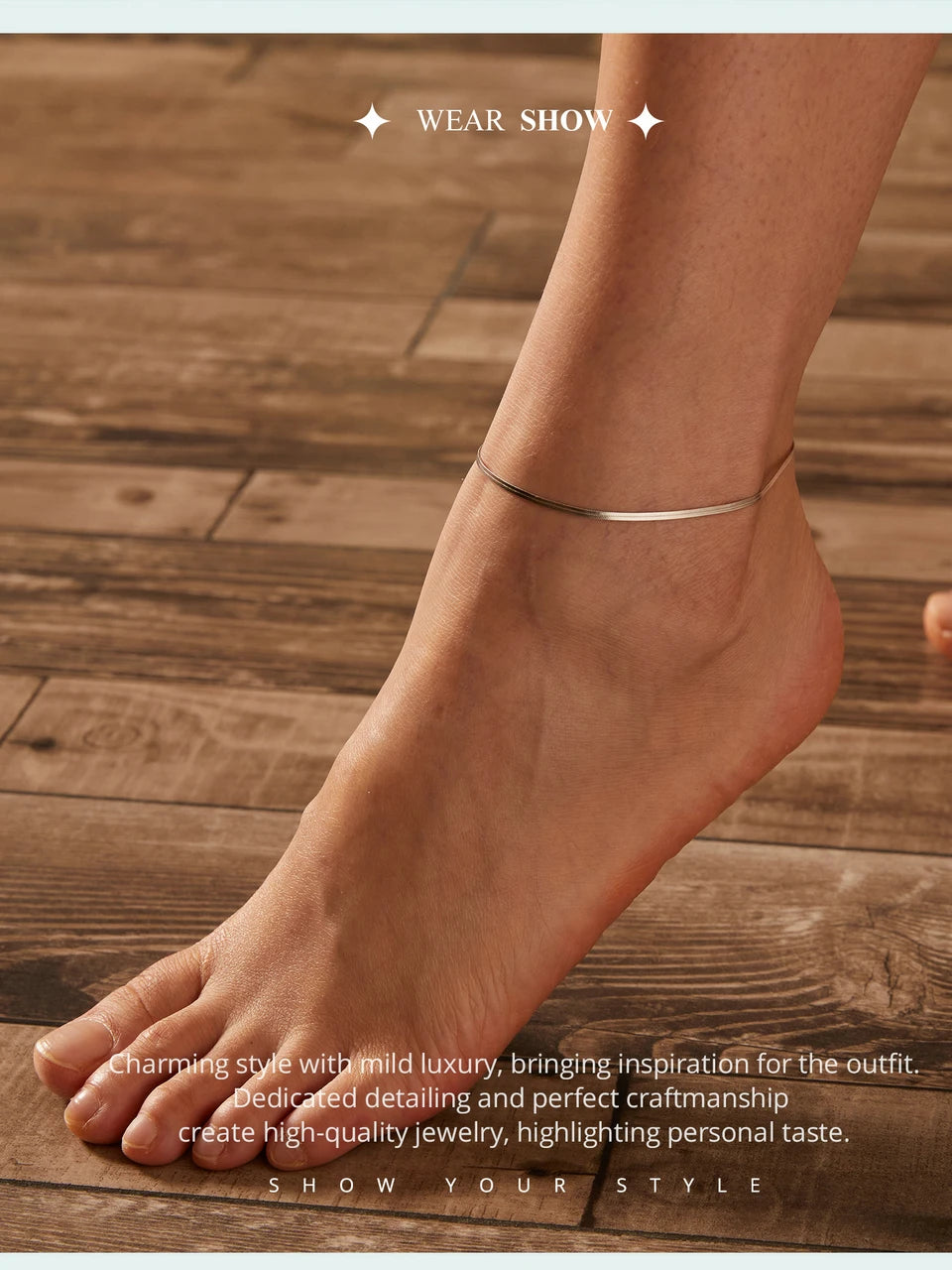 BAMOER 925 Sterling Silver Snake Adjustable Chain Anklet Bracelet
