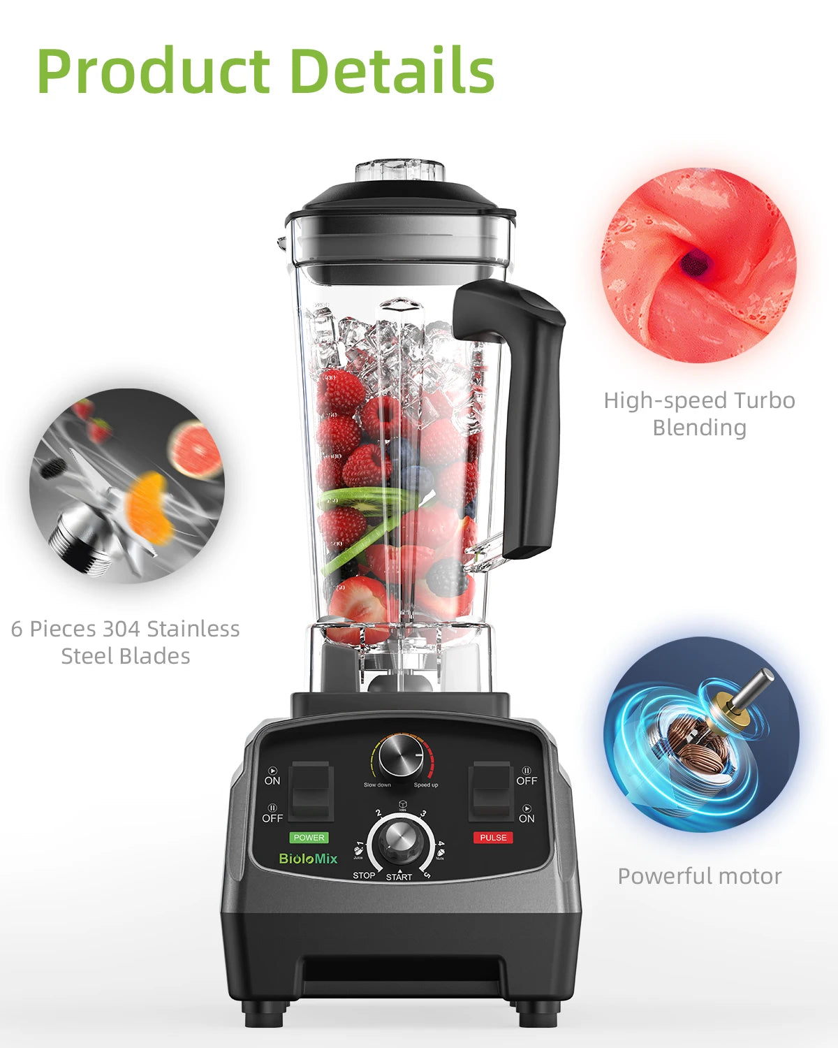 BioloMix 3HP 2200W Heavy Duty Commercial Grade Blender With BPA Free 2L Jar