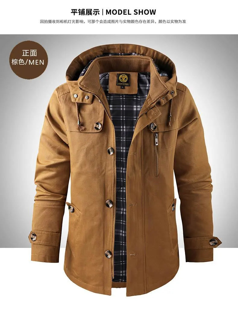 Men's Mid-length Hooded Multi-pocket Slim-fit Jacket