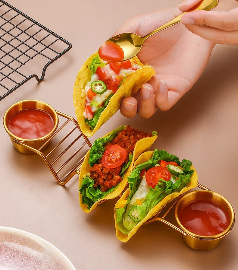 Stainless Steel Taco Holder Set With 2 Sauce Cup Holder
