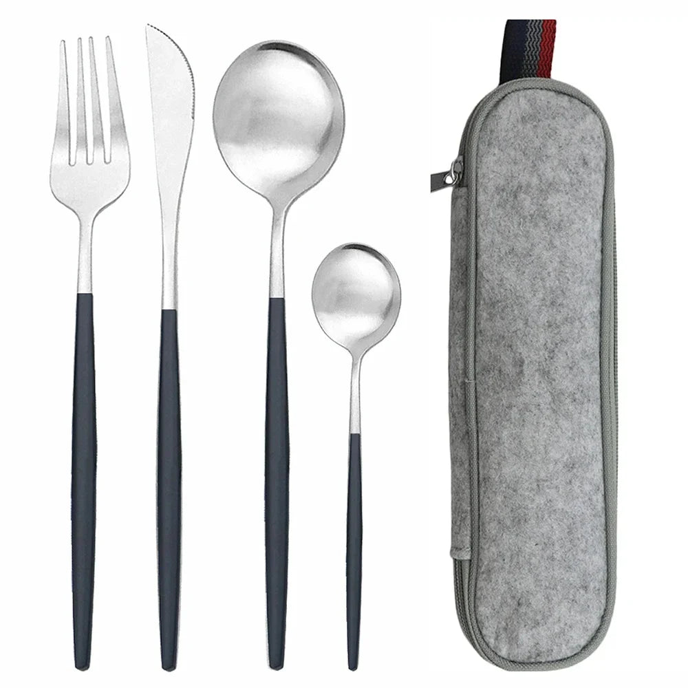 5pcs Black Gold Reusable Dinnerware Set For Camping With Case