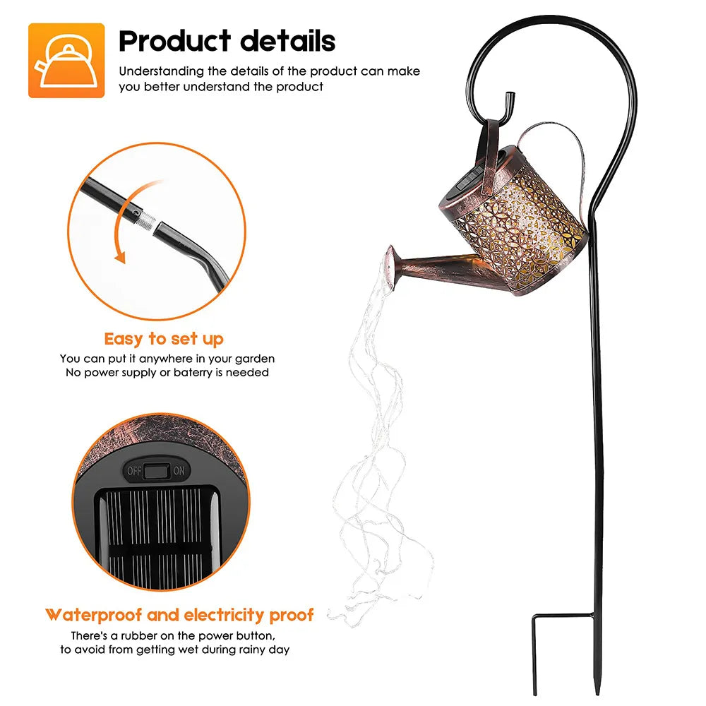 LED, Solar Watering Can With Waterfall Lamp.