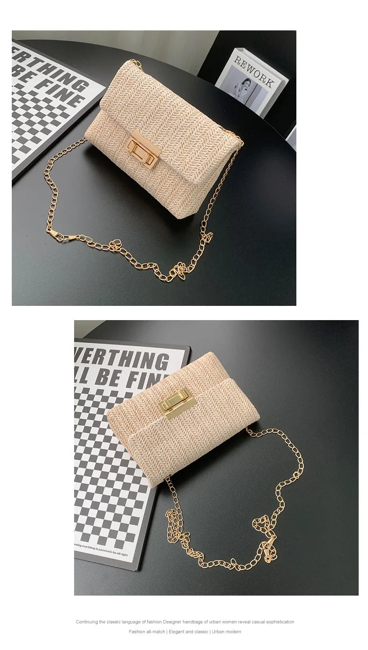 Women's Straw Rainbow Stripe Shoulder Crossbody Handbag With Chain Strap