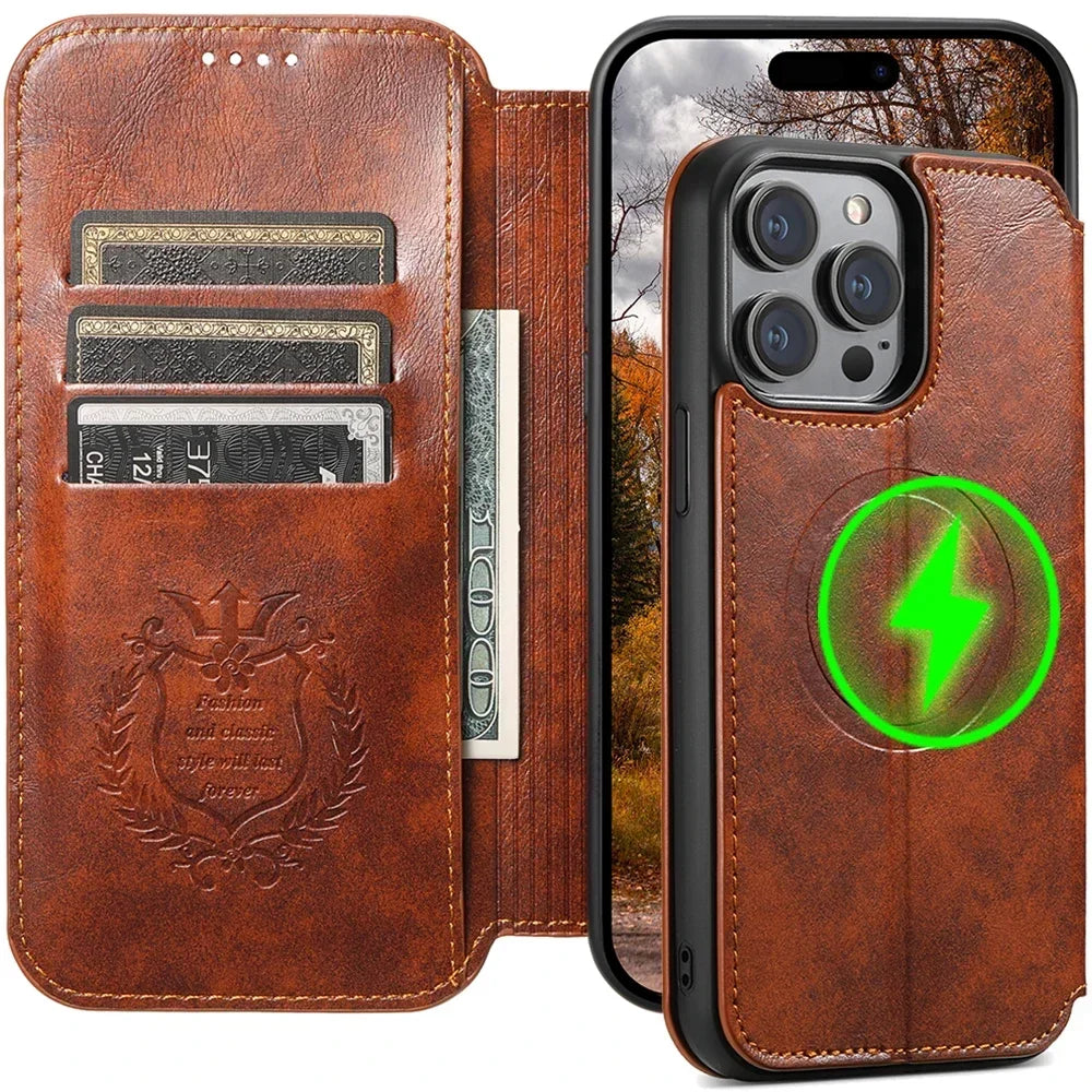 Wireless Charging  Magnetic Leather Wallet Phone Case For iPhone 16 12 13 14 15 Pro Max Plus