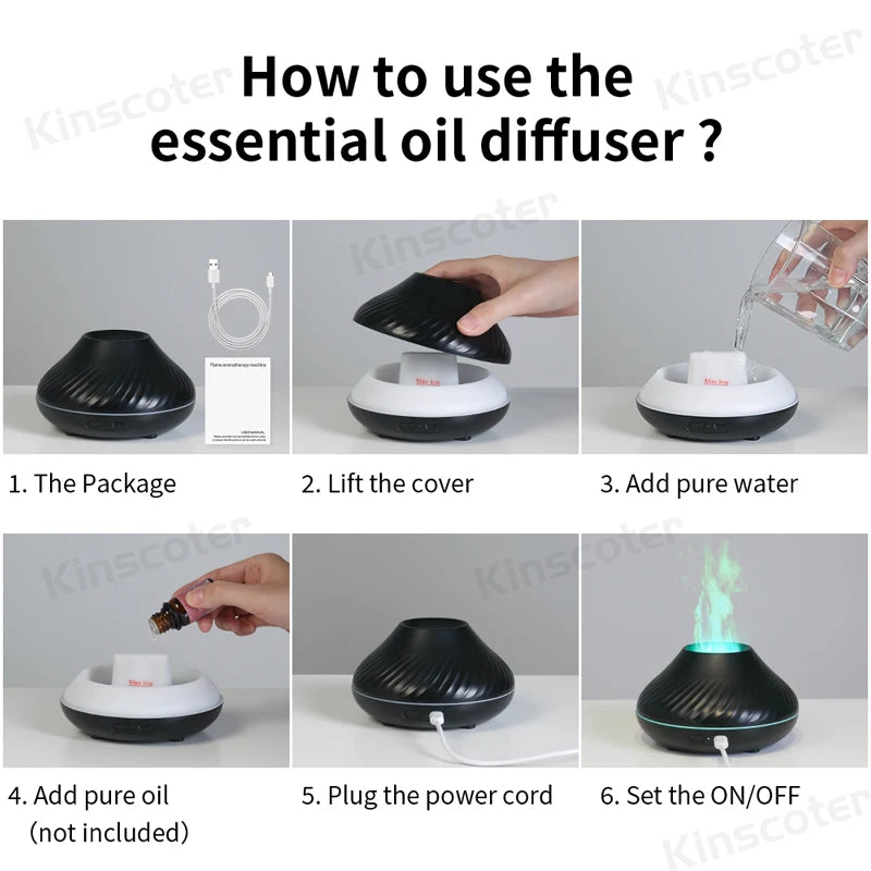 KINSCOTER USB Volcanic Aroma  Essential Oil Diffuser Air Humidifier with Color Flame Night Light