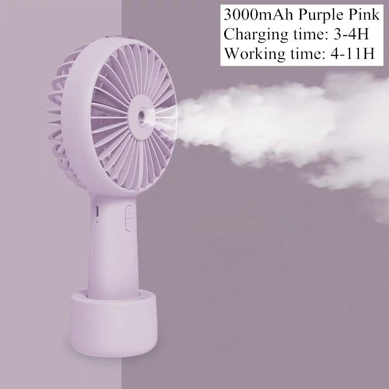 USB Rechargeable Handheld Mini cooling fan with water spray mist.