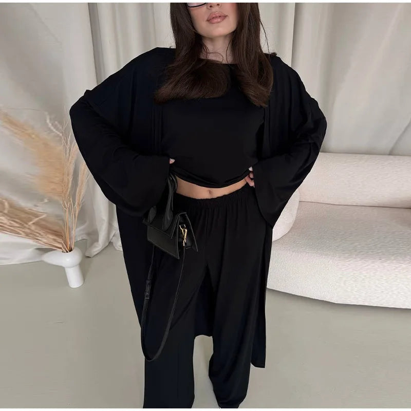 Women's 3 Piece Off Shoulder Sleeveless Cropped Tank Top With Elastic Wide Leg Pant And Long Cardigan