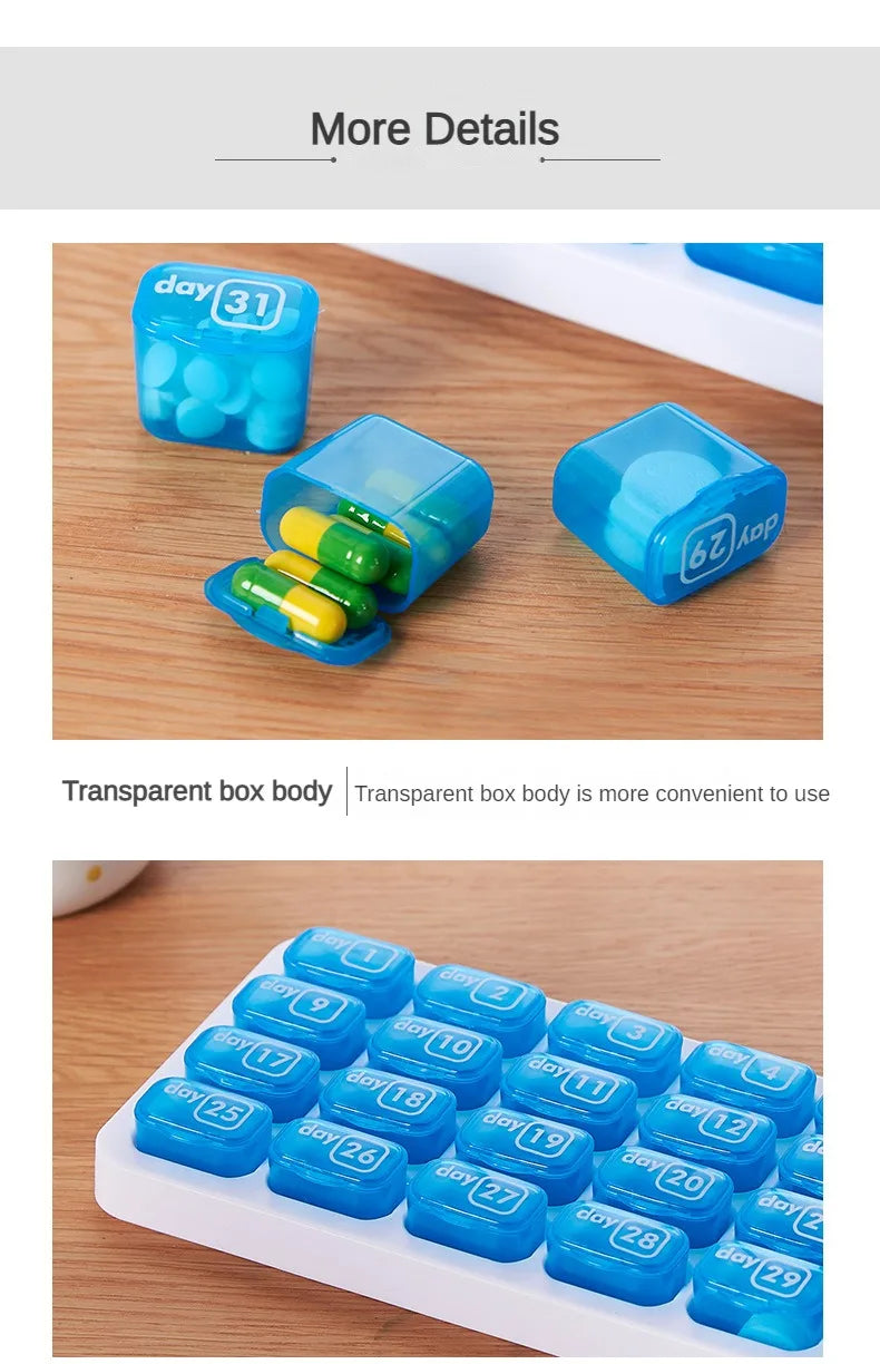 Portable 31 Days Medicine Box With Detachable Compartments