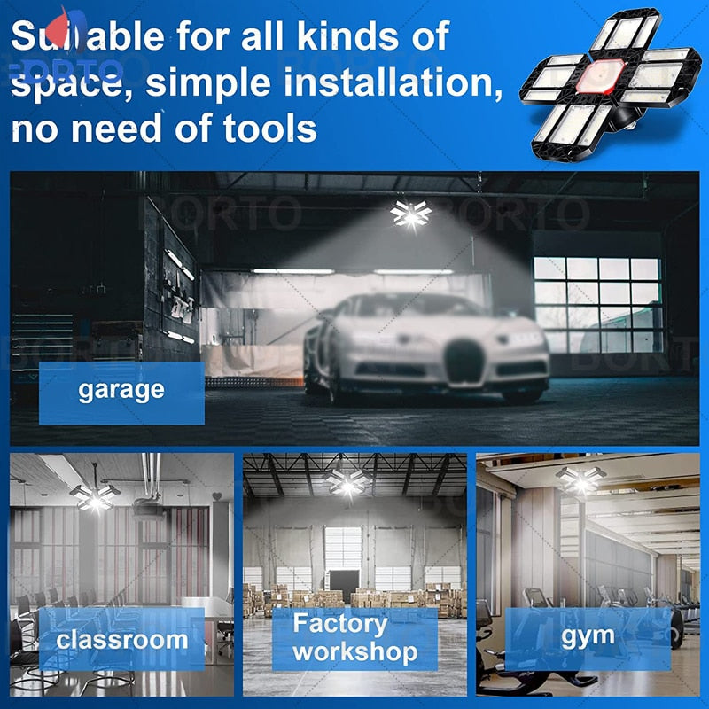 Led Garage Adjustable Ceiling Light With 12 Adjustable Panels. Great for Garage, Workshop and Warehouse.