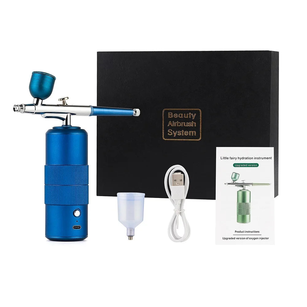Blue Portable Airbrush Kit With Compressor Oxygen Injector Spray Gun For Nail, Makeup OR Cake Painting